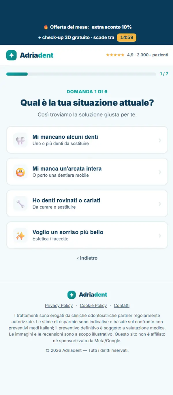 Il quiz Adriadent sugli impianti dentali che si compila da solo, in italiano: dalla prima domanda al calcolo della stima.
