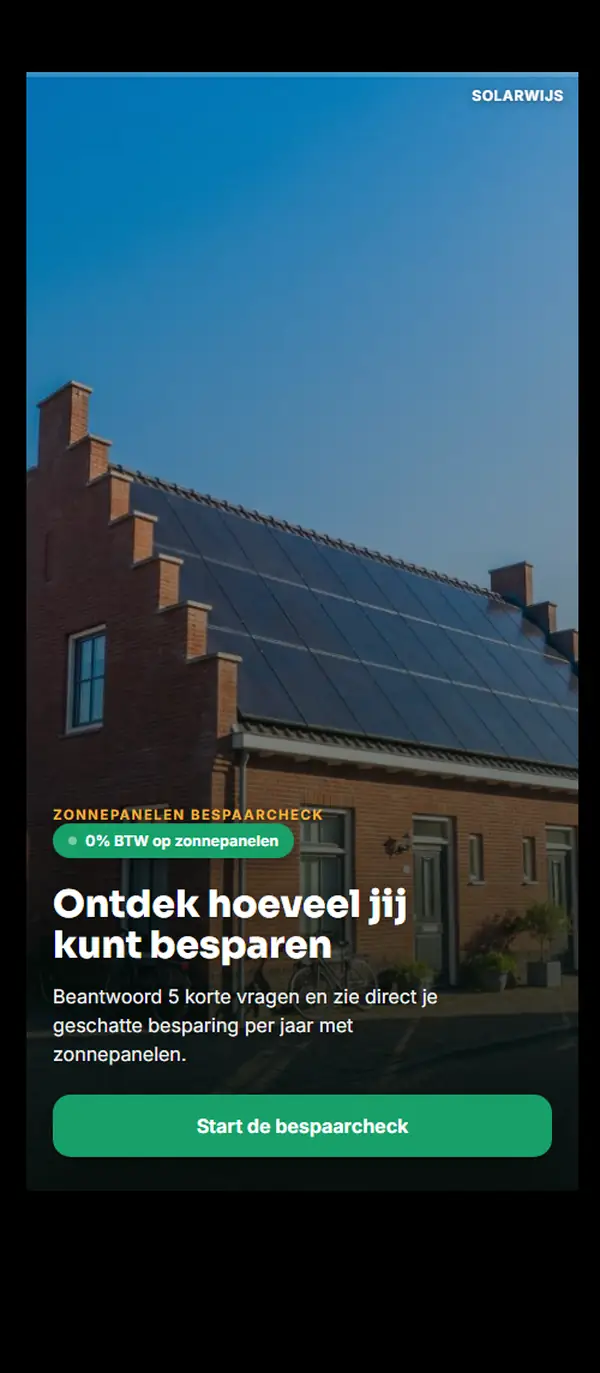 Il quiz Solarwijs sul fotovoltaico che si compila da solo, in olandese: tipo di casa, metratura, proprieta, tetto, bolletta.